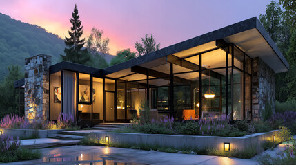 Modern house or villa with reflective large windows at dusk