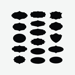 Set of black silhouette label vectors in varied shapes—rectangular, oval, shield, and ornate. Perfect for packaging, branding, decoration, and design use on a white background.