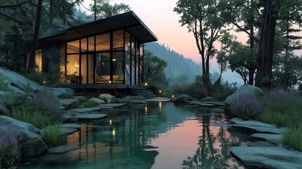 Obraz premium Serene cabin nestled by a tranquil pond with glass walls, surrounded by lush trees and a breathtaking view of the mountains