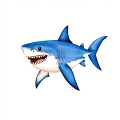 Obraz premium Playful Blue and White Cartoon Great White Shark Watercolor Illustration