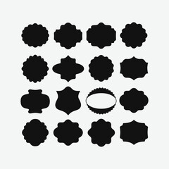Set of black silhouette label vectors in varied shapes&mdash;rectangular, oval, shield, and ornate. Perfect for packaging, branding, decoration, and design use on a white background.