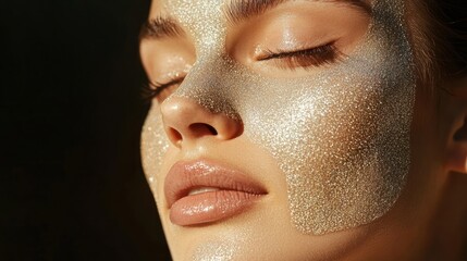 Fototapeta premium Woman's Face Covered in Glitter with Closed Eyes and Soft Lighting