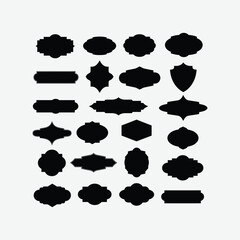 Set of black silhouette label vectors in varied shapes—rectangular, oval, shield, and ornate. Perfect for packaging, branding, decoration, and design use on a white background.