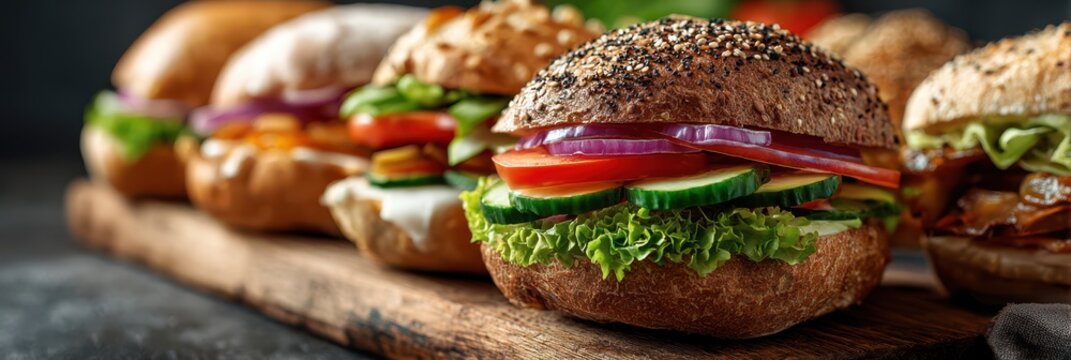 delicious bun burgers vegetarian art with tomatoes, salad and cucumbers