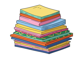 Stacked colorful rectangular flat objects with various designs and shades piled irregularly on a white background