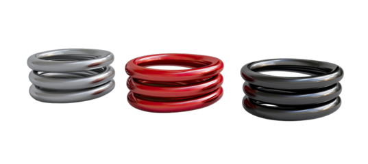 Three stacked metal rings, in gray, red, and black