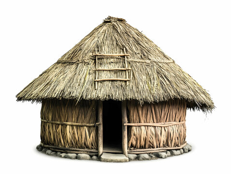 Honai Papua traditional hut made of straw and wood with circular walls.
