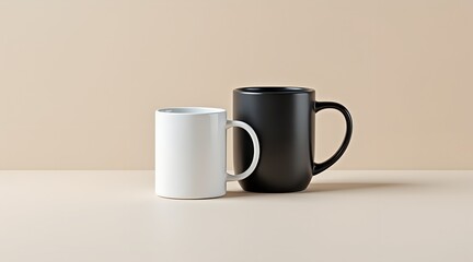 Black and white coffee mugs on beige background