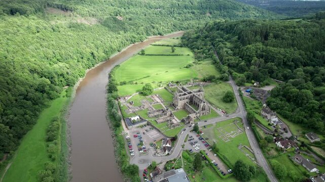 Tintern Abbey and River Wye, Chepstow South Wales. Beautiful aerial view, summer daytime