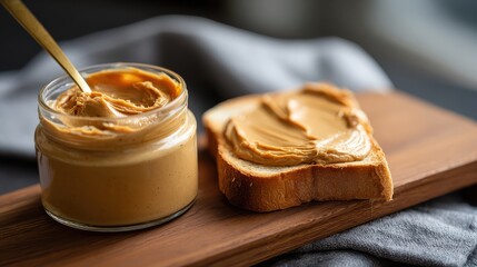 Creamy peanut butter spread on toasted bread alongside an open glass jar with a golden spoon sits on a wooden cutting board ready for a delicious snack.
