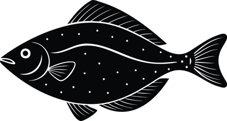Stylized black and white image of a fish with rounded body