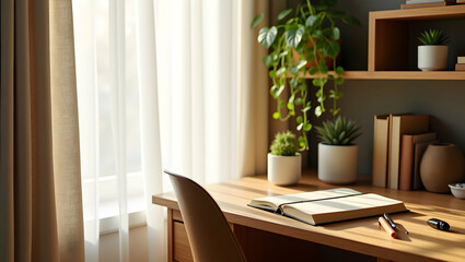 A Minimalist Home Workspace with Natural Light, Featuring a Wooden Desk, Plants, and an Open Notebook for Creativity and Productivity