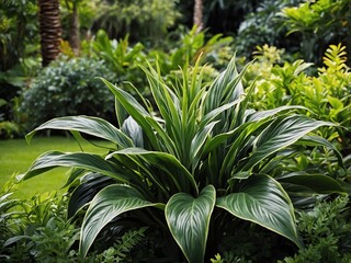 Fototapeta premium Close-up of lush green plants in a botanical garden, photorealistic, natural textures
