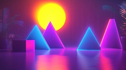 Neon geometric shapes, sun, and plants