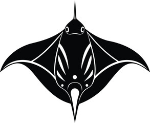 Stylized black and white image of a manta ray with tribal design