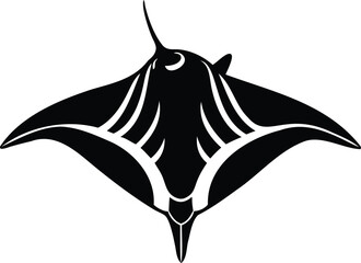 Black and white illustration depicting a manta ray with intricate line art
