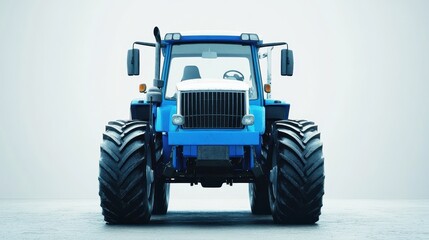 Fototapeta premium Tractor Front. Blue and White Agricultural Tractor Isolated on Farm Field Background
