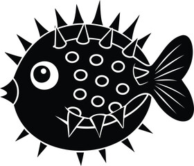 Stylized Black and White Pufferfish Illustration with Spikes and Circular Markings