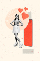 Composite image trend artwork collage of young lady roller skater stand smartphone like social...
