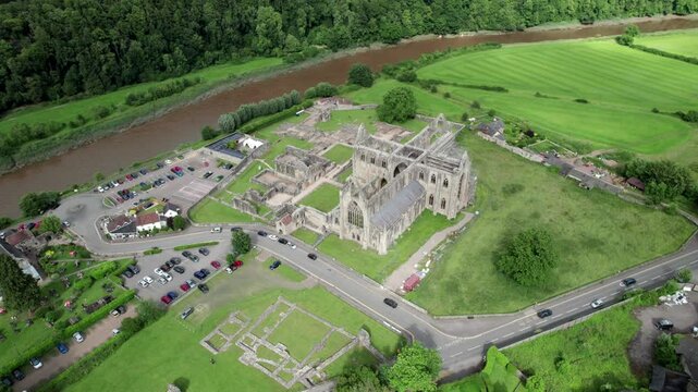 Tintern Abbey and River Wye, Chepstow South Wales. Beautiful aerial view, summer daytime