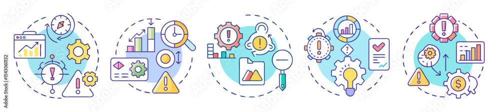 Poster five unique icons illustrating business problems, problem solving, data analysis, solution identific