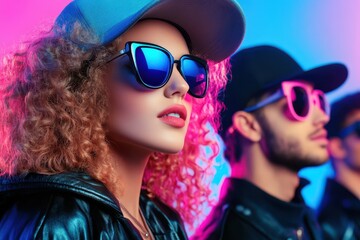 Retro 80s Vibe: A group wearing bold sunglasses and caps in retro 80s fashion against a backdrop awash in vivid neon hues.