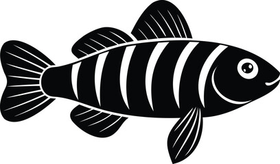 Stylized black and white fish illustration with vertical stripes on body