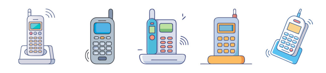 Collection of vintage cordless phones with antenna and handset bases, illustrating evolution
