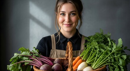 Woman holding a basket of fresh organic vegetables including carrots, beets, and radishes, concept of healthy eating and farm to table.