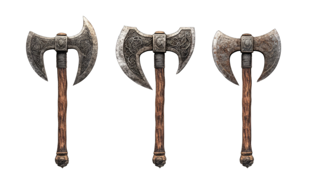 Three antique double-headed axes, detailed carvings, aged metal, wooden handles