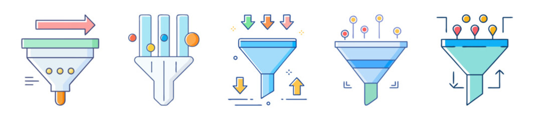 Set of vector icons depicting a variety of filter and funnel illustrations
