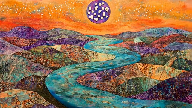 Abstract landscape painting with a meandering river flowing through vibrant, textured hills under an orange sky dotted with constellations and a central disc containing smaller shapes