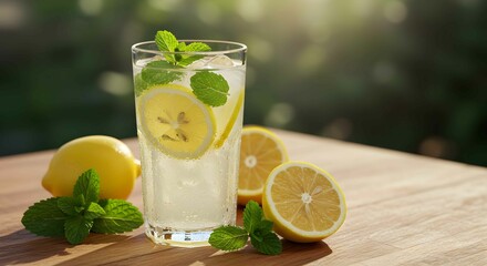 Zesty Lemonade: A refreshing glass of lemonade with lemon slices and mint leaves on a wooden table, a delightful moment.
