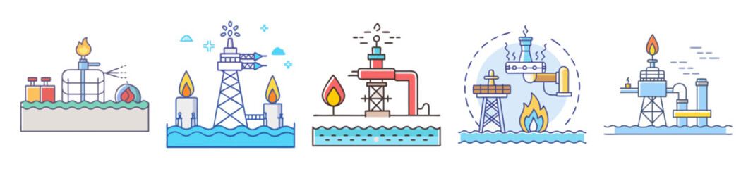 Collection of Oil and Gas Drilling Platforms and Gas Flare Icons Set