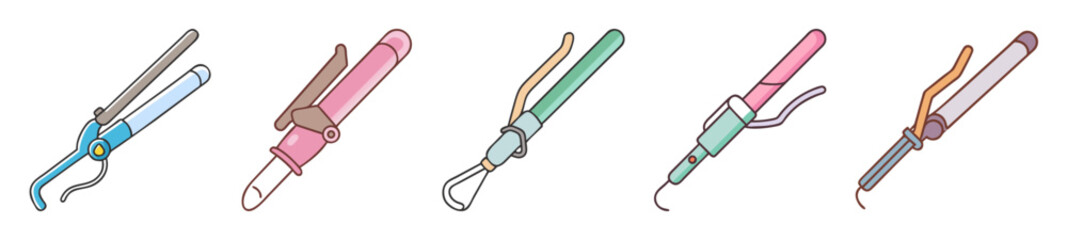 Various colorful cartoon curling irons arranged in a row on a white background