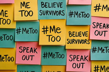 Obraz premium Close up of colorful sticky notes with messages of support and solidarity for the me too movement