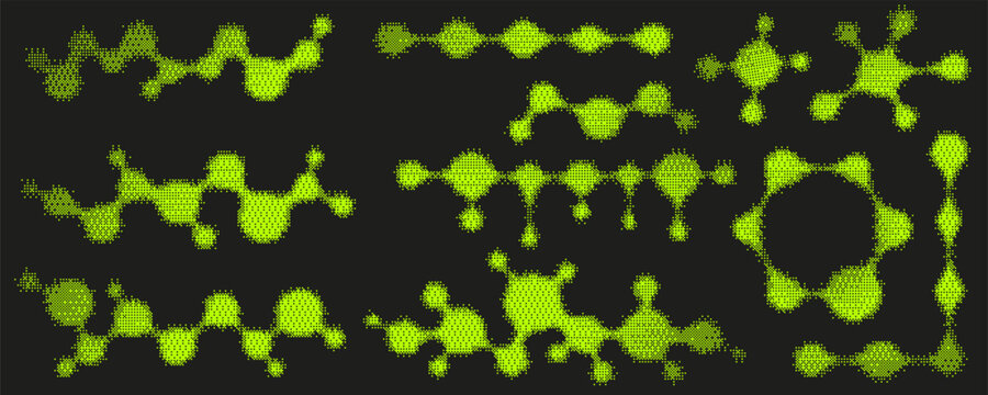 Pixel pattern molecule neon shapes. Textured cosmic elements with bitmap Y2k dither gradient. Retro vector icon with old computer game graphic effect. Halftone grunge illustration