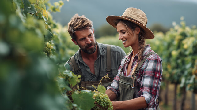 Smiling couple harvests green grapes together in a vineyard, enjoying a sunny day in the countryside.