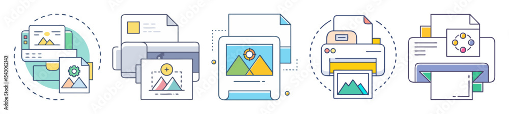 Aufkleber conceptual image showing different types of printers and documentation processes in various styles