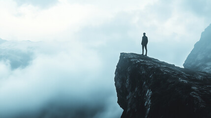 A lone man stands at the edge of a rugged cliff, surrounded by thick clouds and misty mountains.