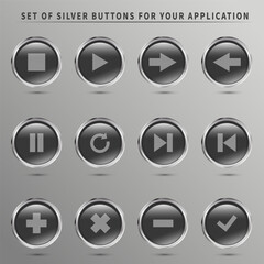 Collection of volume buttons in black with the effect of convex glass, in a metal frame. EPS file. Vector file. For app