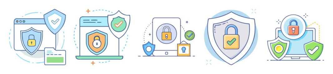 Illustrations of information security and protection, featuring padlocks, shields and devices