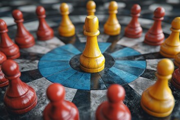 Grouped 3D pawns in radial layout, segmentation analysis, marketing visual