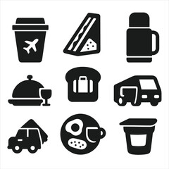 Traveler's Breakfast Icons. Solid style icons of breakfast for travelers: airport coffee, packed sandwich, thermos icon, travel