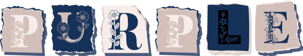 PURPLE Floral Typography of a Concept Word � Elegant Torn Paper Letter Design