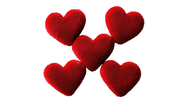Five red velvet hearts arranged in a starburst pattern against a black background