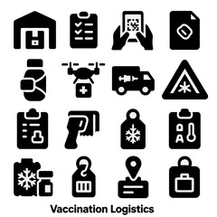 Fototapeta premium Vaccination Logistics Icons. Solid style icons of vaccination logistics: distribution center icon, shipping manifest clipboard,