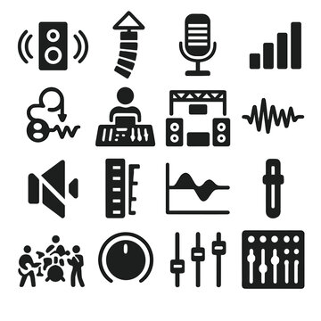 Live Sound Icons. Solid style icons of live sound: speaker alignment icon, line array hang point, ribbon mic front view, signal