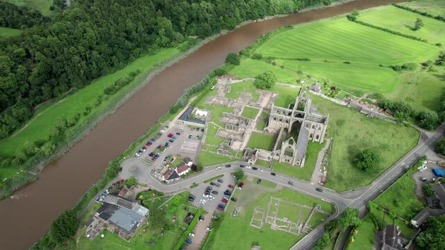 Tintern Abbey and River Wye, Chepstow South Wales. Beautiful aerial view, summer daytime