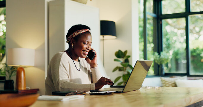 Phone call, happy and black woman on laptop for remote work, virtual assistance and consulting. Planning, house and person on computer talking on smartphone for communication, contact and website